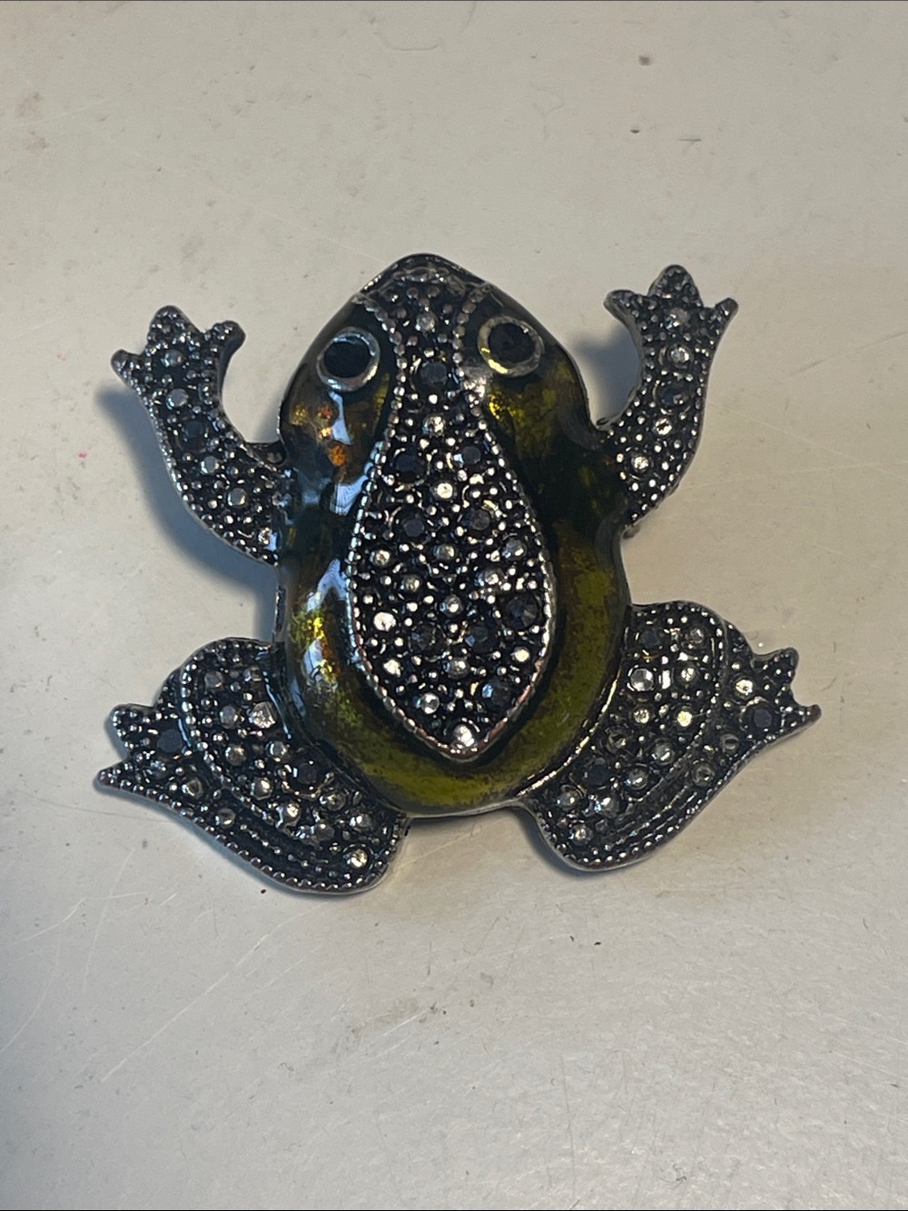 Silver-tone and green enamel with Marcasite body 1.5” wide frog brooch